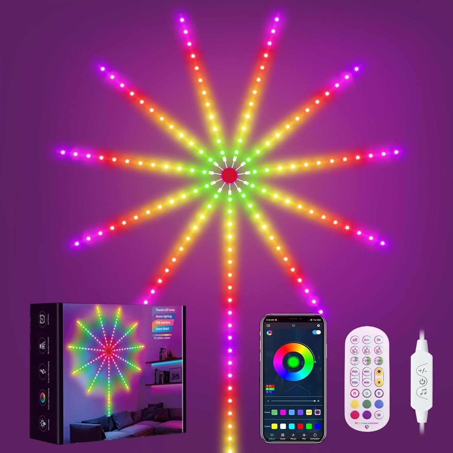 Multicolored LED Fireworks Lights with 16 Million Colors, Music Sync, Auto OnOff Timer, App & Remote Control, USB Powered, Indoor Christmas Lights,
Multicolored LED Fireworks Lights with 16 Million Colors, Music Sync, Auto OnOff Timer, App & Remote Control, USB Powered, Indoor Christmas Lights,