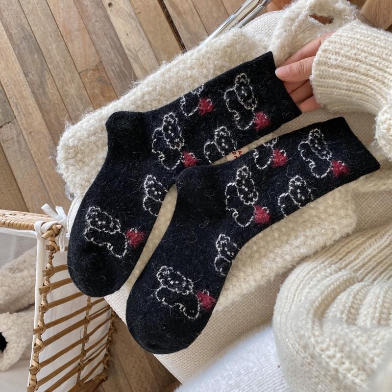 Зимние носки для девочек, Мультяшные носки из шерсти с плюшевым щенком и бантом, Милые до середины икры для девочек, Теплые для девочек 1 pair