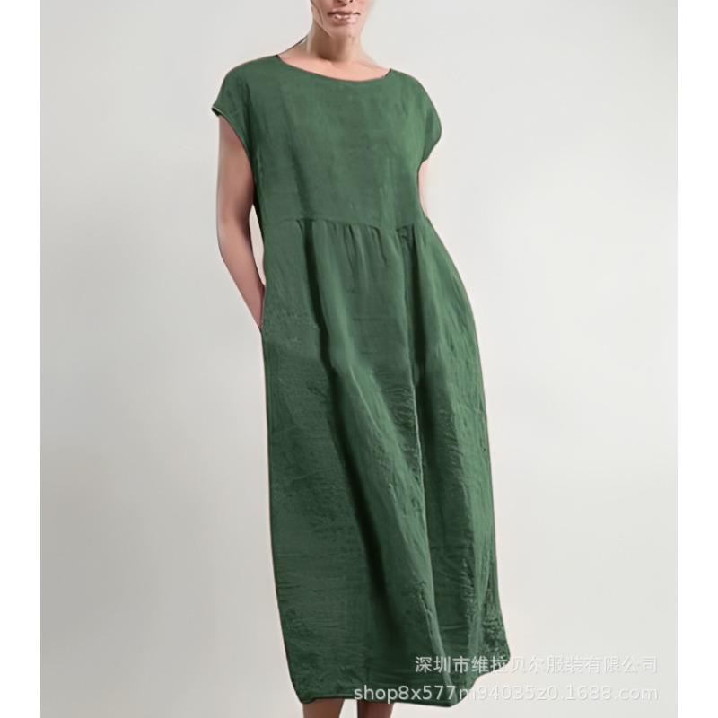 Summer Round Neck Solid Color Short-sleeved Dress Loose Cotton and Linen Pocket Women s Dress XS зелений
Summer Round Neck Solid Color Short-sleeved Dress Loose Cotton and Linen Pocket Women s Dress XS зелений