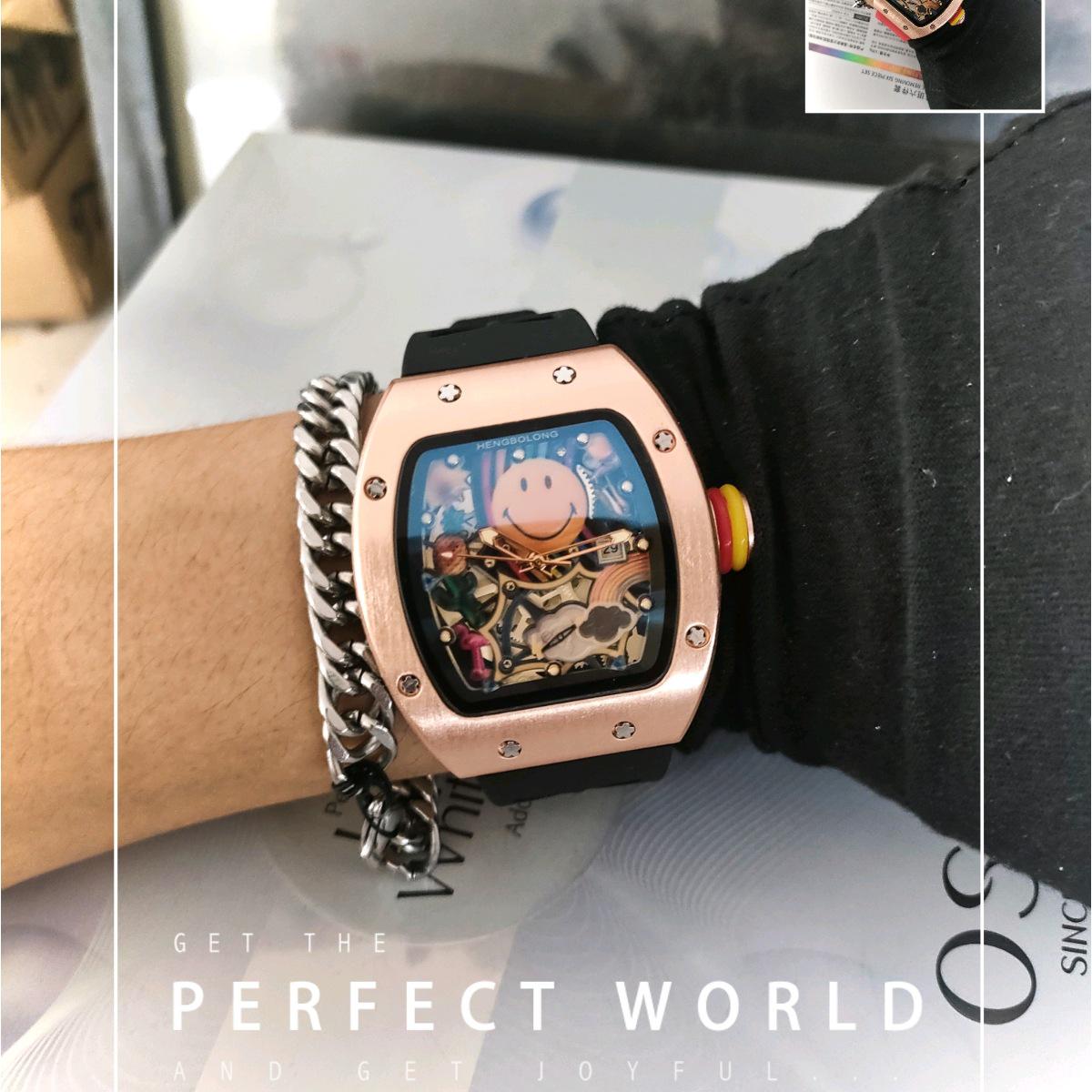 Мужские часы-турбийон с 3D-рельефом, светящимся смайликом и календарем, кварцевые
Мужские часы-турбийон с 3D-рельефом, светящимся смайликом и календарем, кварцевые