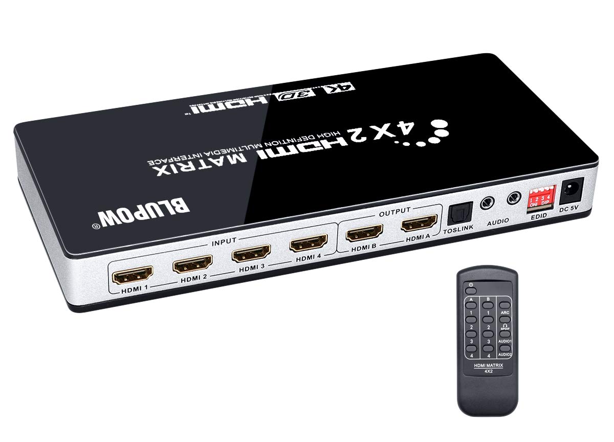 BLUPOW 4K30Hz HDMI Matrix Selector 4 Inputs 2 Outputs Audio Separation Stereo Audio Compatible Different Resolution Output with Downscale Function
BLUPOW 4K30Hz HDMI Matrix Selector 4 Inputs 2 Outputs Audio Separation Stereo Audio Compatible Different Resolution Output with Downscale Function
