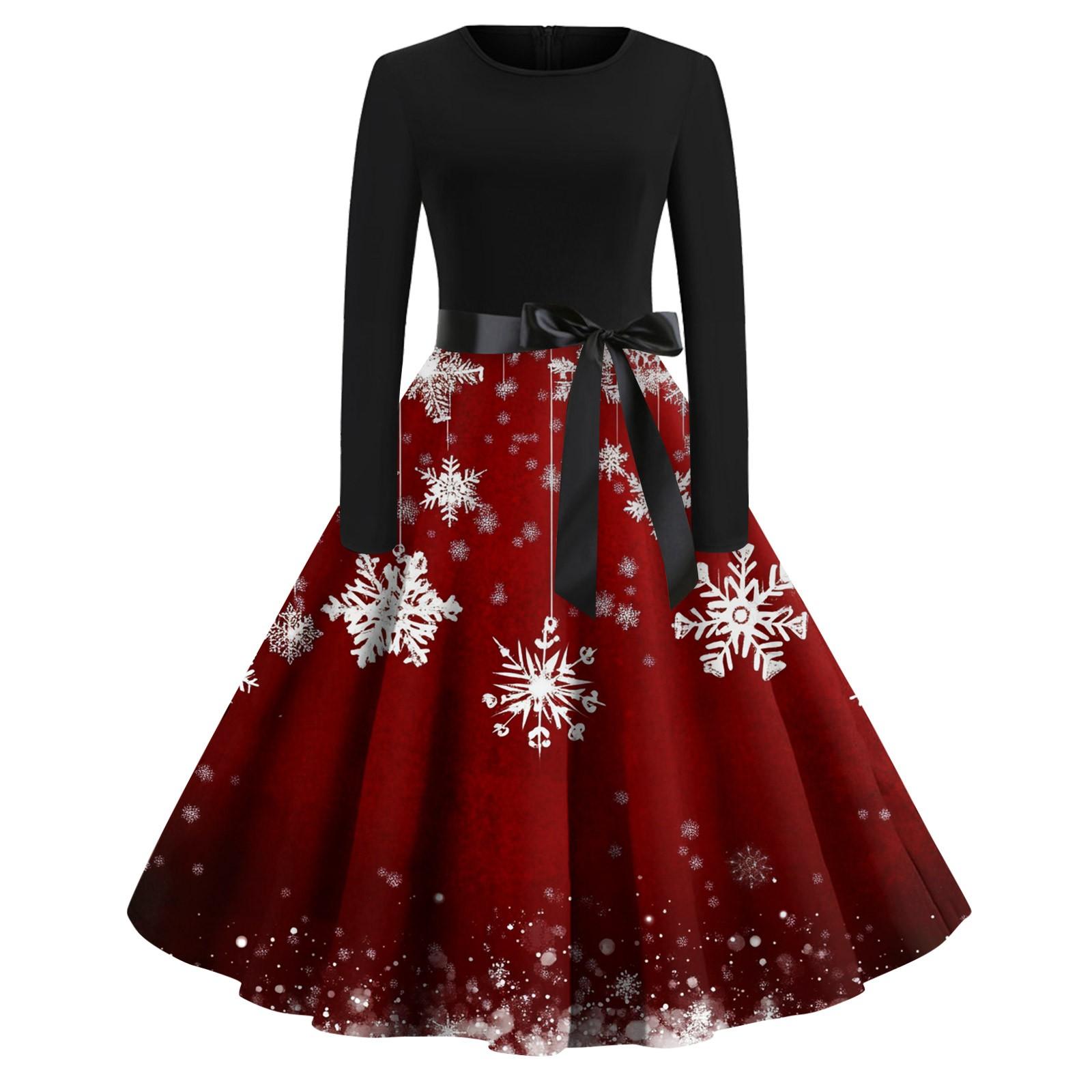 Женское модное винтажное платье с длинным рукавом и круглым вырезом с рождественским принтом XL