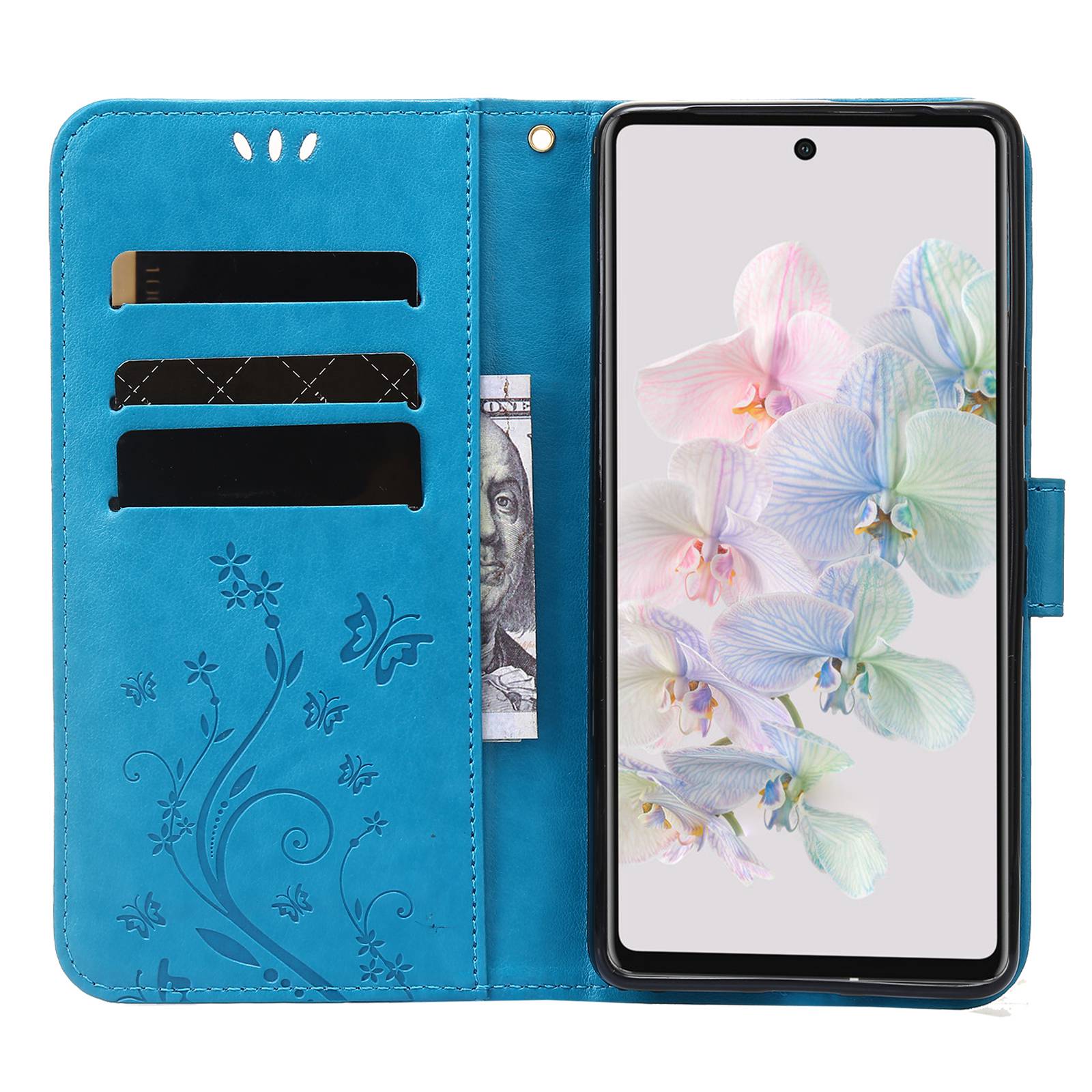 For Google Pixel 7 Pro Wallet Stand PU Leather Imprinting Flower Butterflies Case Full Protection Inner TPU Phone Cover with Strap Blue
For Google Pixel 7 Pro Wallet Stand PU Leather Imprinting Flower Butterflies Case Full Protection Inner TPU Phone Cover with Strap Blue