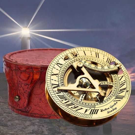 Premium Brass Sundial Compass, Nautical Golden Gift, Grain Leather Case with Intricate Detailing, Steampunk Polished Sundial
Premium Brass Sundial Compass, Nautical Golden Gift, Grain Leather Case with Intricate Detailing, Steampunk Polished Sundial