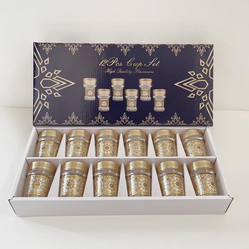 12-piece set, Light luxury style Moroccan glass cup, Türkiye Saudi restaurant tea cup, Mosaic paper gilding water cup, gift cup 12x130ml
12-piece set, Light luxury style Moroccan glass cup, Türkiye Saudi restaurant tea cup, Mosaic paper gilding water cup, gift cup 12x130ml