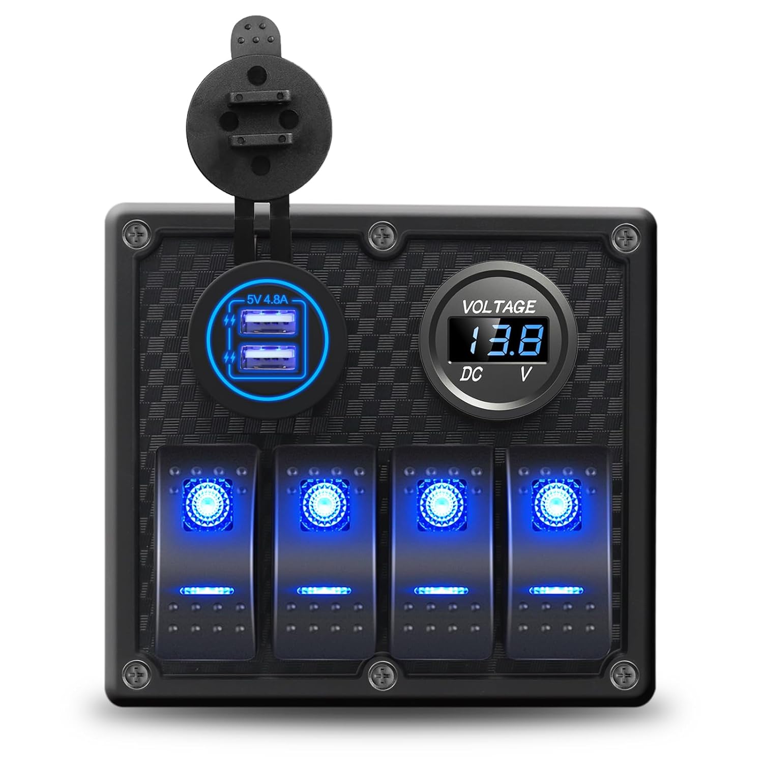4 Gang 12V Rocker Switch Panel Dual Light ON-Off Switch with 5V 4.8A USB Car Charger and Blue Digital Voltmeter Waterproof Pre-Wired Switch Panel for Blue Socket and 4.8A USB
4 Gang 12V Rocker Switch Panel Dual Light ON-Off Switch with 5V 4.8A USB Car Charger and Blue Digital Voltmeter Waterproof Pre-Wired Switch Panel for Blue Socket and 4.8A USB