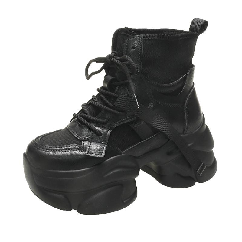 Модная женская осенняя парусиновая кожаная обувь до щиколотки 7,5 см толстый каблук мотоциклетные женские кроссовки толстая подошва платформа боевые короткие ботильоны 35 чёрный