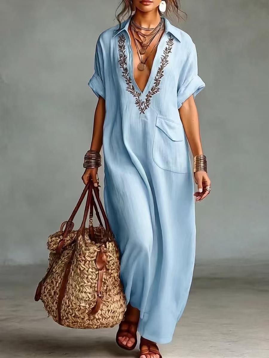 Women s Bohemian V Neck Striped Embroidery Maxi Dress Short Sleeve Loose Fit Long Dress with Pocket XXXL небо синє кольору
Women s Bohemian V Neck Striped Embroidery Maxi Dress Short Sleeve Loose Fit Long Dress with Pocket XXXL небо синє кольору
