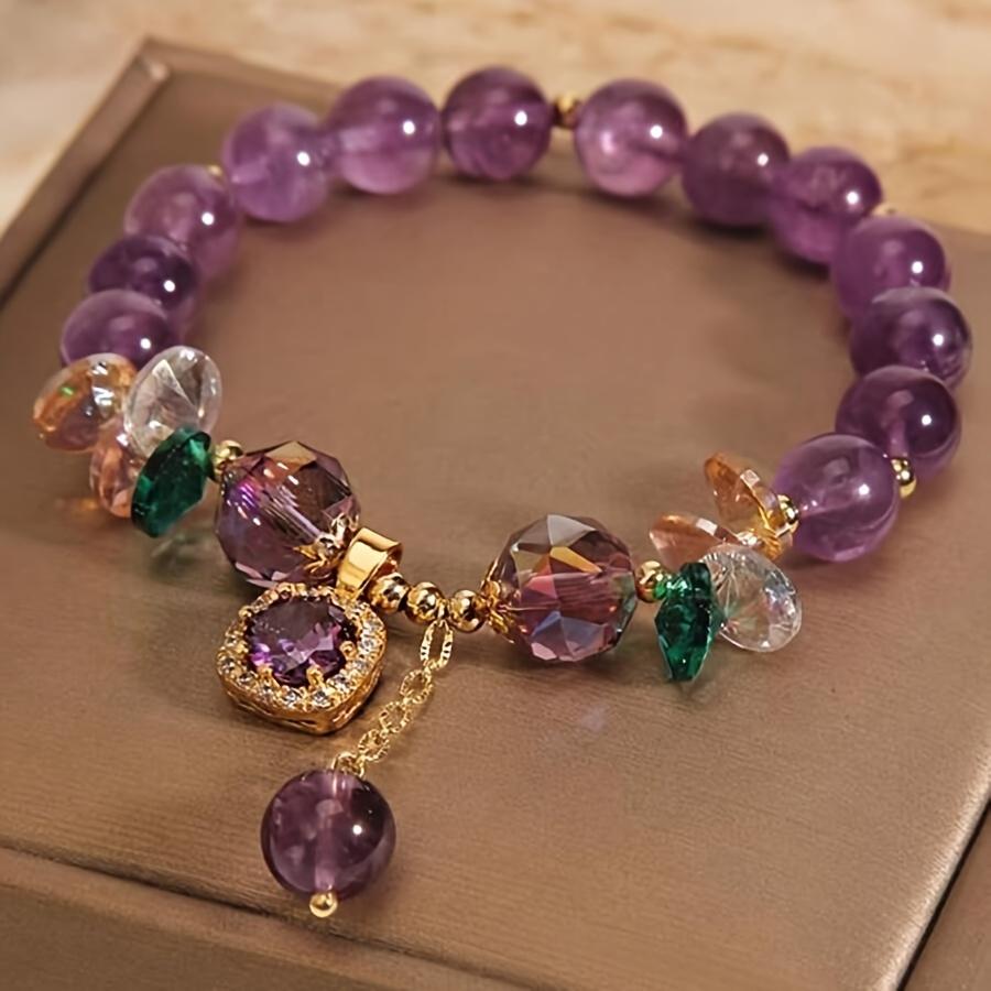 Elegant Vintage Amethyst Bead Bracelet with Gold Tones and Crystal Pendant - Bohemian Style for Parties or Gifts, Women s Fashion Accessories 1 piece
Elegant Vintage Amethyst Bead Bracelet with Gold Tones and Crystal Pendant - Bohemian Style for Parties or Gifts, Women s Fashion Accessories 1 piece