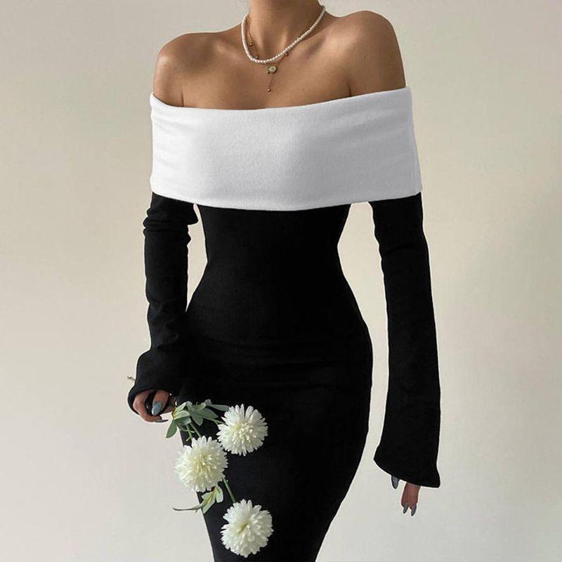 Temperament Color Matching off-Shoulder Silm Long Sleeves Dress Black S
Temperament Color Matching off-Shoulder Silm Long Sleeves Dress Black S