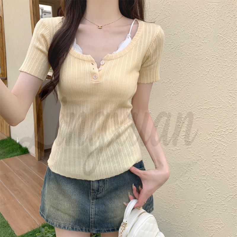 Korean Style Ribbed Square Neck Button Knit Top - Short-Sleeve Spring/Summer Elegance One Size жовтий
Korean Style Ribbed Square Neck Button Knit Top - Short-Sleeve Spring/Summer Elegance One Size жовтий