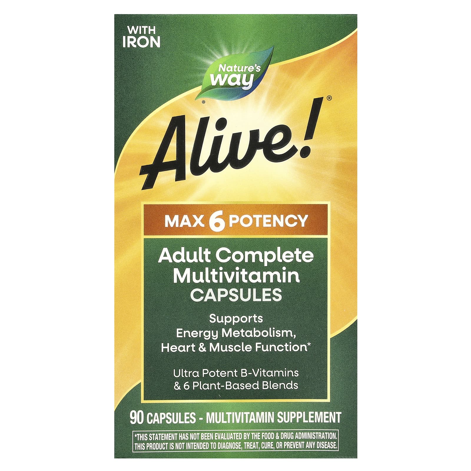 Nature s Way, Alive!® Up to 6 Strength, Complete Multivitamin for Adults with Iron, 90 Capsules
Nature s Way, Alive!® Up to 6 Strength, Complete Multivitamin for Adults with Iron, 90 Capsules
