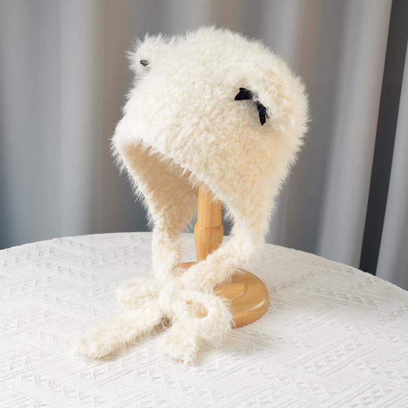 Новая милая шапка с кошачьими ушками, бант, плюшевая шапка, зимняя, защита ушей, холодная, теплая шапка, универсальная вязаная шапка, женская шапка бежевый