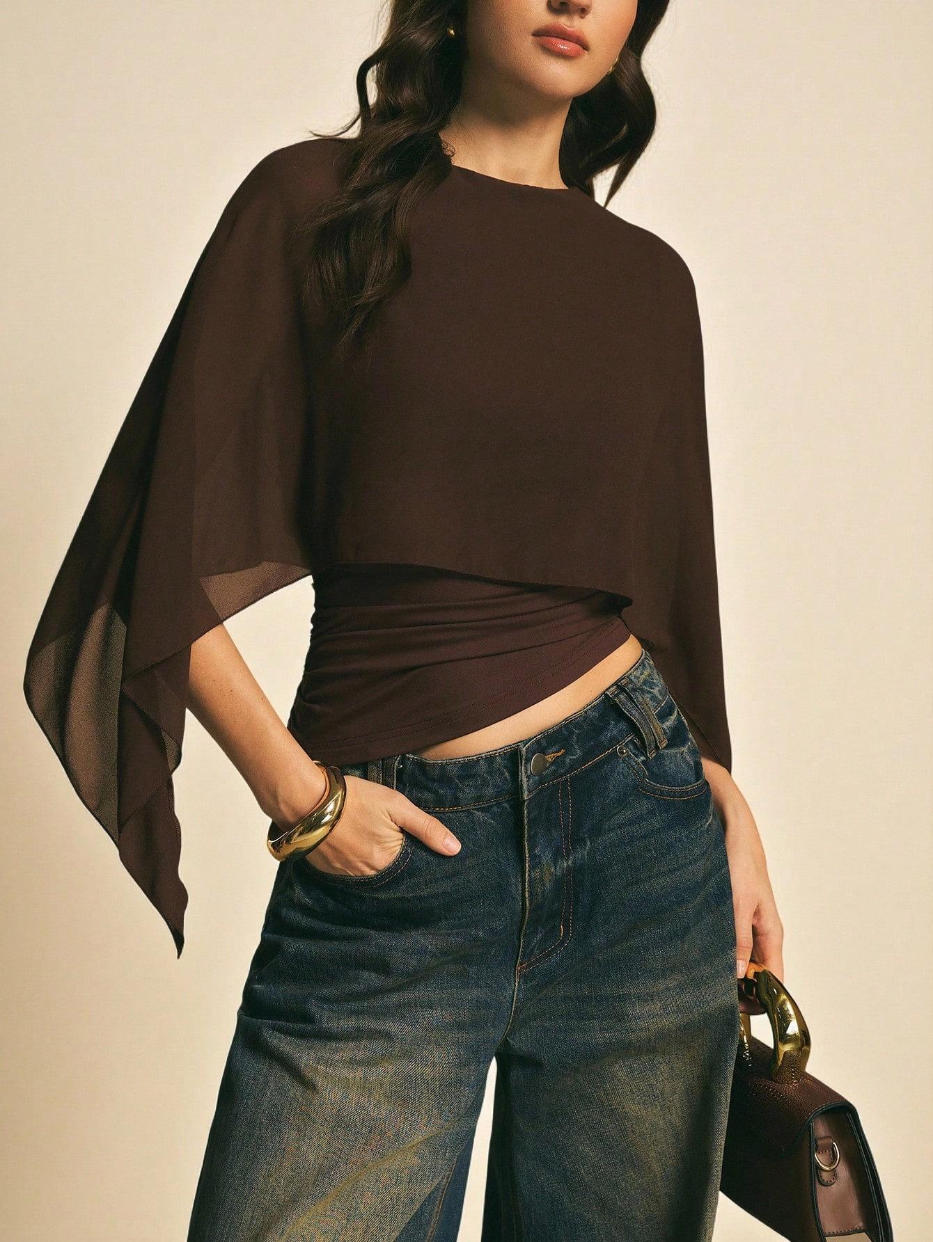 Women s Cropped Top with Cape Sleeve and Flounce Detail Solid Brown Casual Blouse S
Women s Cropped Top with Cape Sleeve and Flounce Detail Solid Brown Casual Blouse S