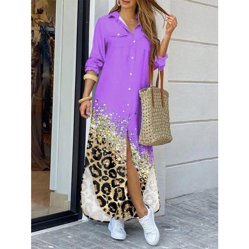 YYFS Женская мода весна осень леопардовый принт длинный рукав воротник поло свободная талия повседневные платья M фиолетовый