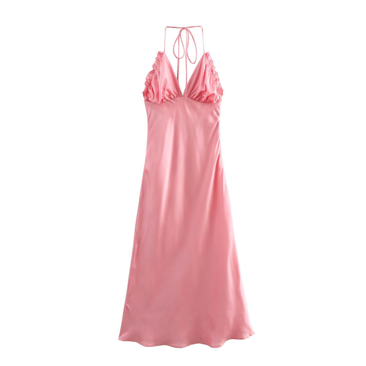 2025 Весна/Лето Женское Элегантное Платье Без Рукавов Холтер с Высокой Талией Однотонное Large розовый