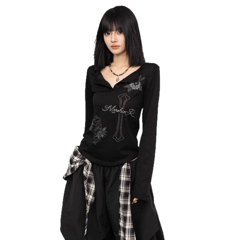 Style Long-Sleeve T-Shirt for Women, Early Autumn, Rhinestone Embellished, American Punk Style, Half-Open Collar, Slim Fit, Casual Versatile Top Black S
Style Long-Sleeve T-Shirt for Women, Early Autumn, Rhinestone Embellished, American Punk Style, Half-Open Collar, Slim Fit, Casual Versatile Top Black S
