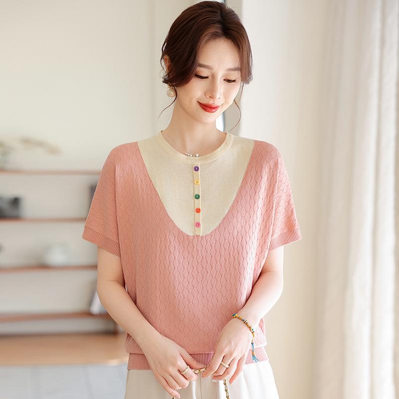 Stylish Color-Block Knitted Ice Silk T-Shirt for Middle-Aged and Elderly Moms - Short-Sleeve Summer Top 5XL (150-165 jin) рожевий/помаранчевий
Stylish Color-Block Knitted Ice Silk T-Shirt for Middle-Aged and Elderly Moms - Short-Sleeve Summer Top 5XL (150-165 jin) рожевий/помаранчевий