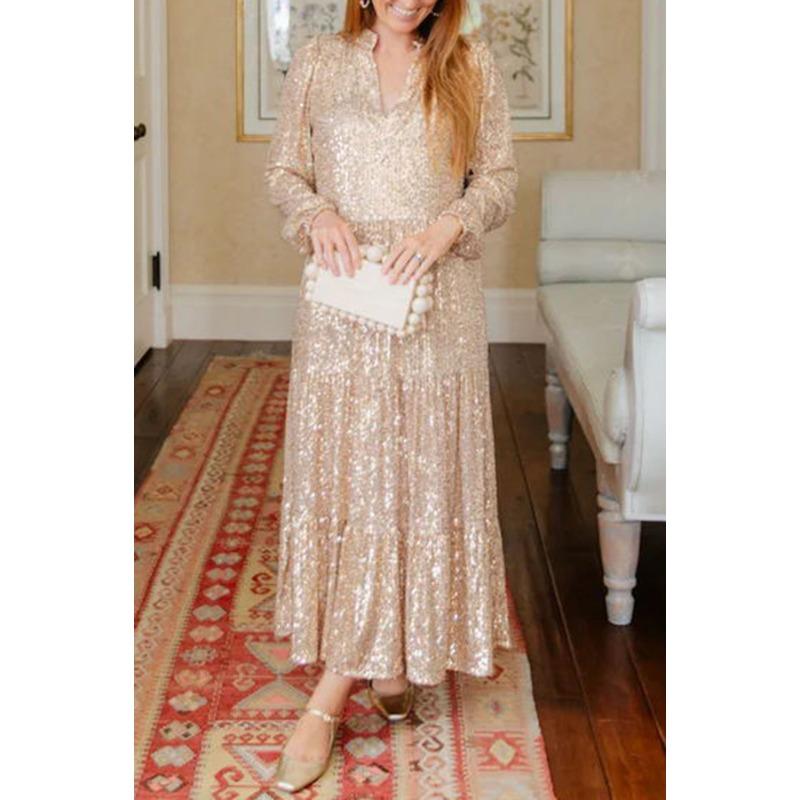 YYFS Женская мода весна осень однотонный принт длинный рукав V-образный вырез средняя талия повседневные платья XXL шампанского