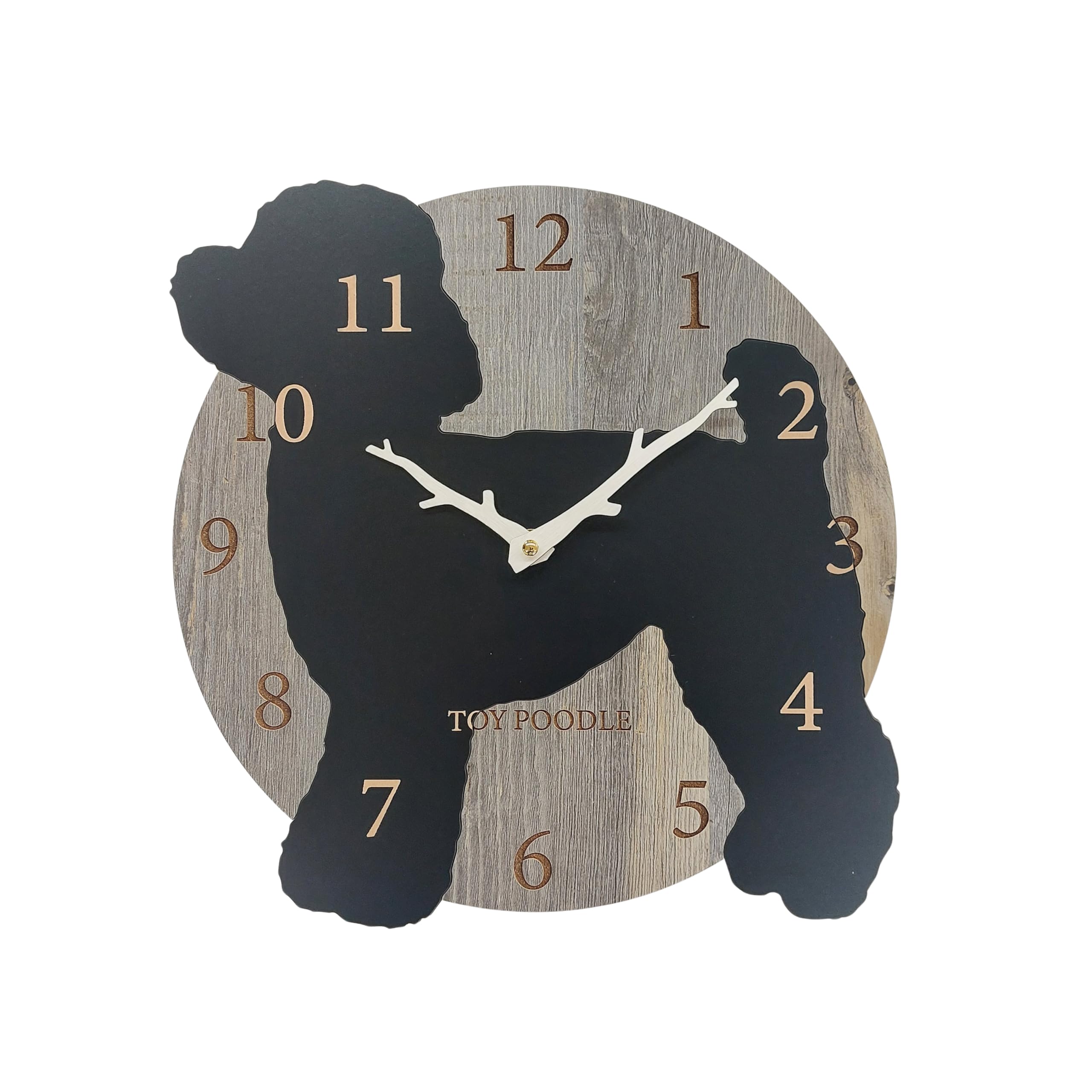 A stylish wooden wall clock featuring a black toy poodle. This silent, analog wall clock is perfect for bedrooms, homes, or any room.
A stylish wooden wall clock featuring a black toy poodle. This silent, analog wall clock is perfect for bedrooms, homes, or any room.
