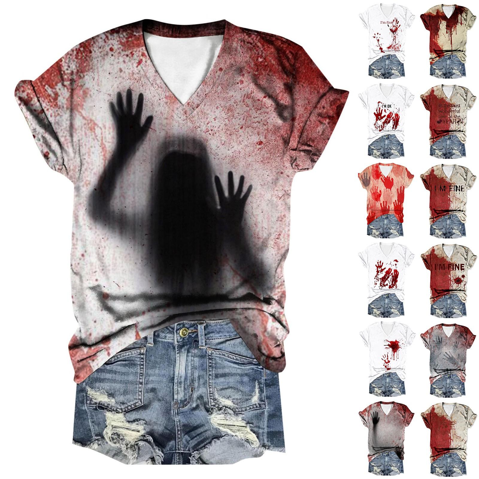 Летние футболки с принтом ужасов и крови на Хэллоуин для женщин, повседневные топы с V-образным вырезом и короткими рукавами, блузки, сорочки и блузки S 
Летние футболки с принтом ужасов и крови на Хэллоуин для женщин, повседневные топы с V-образным вырезом и короткими рукавами, блузки, сорочки и блузки S