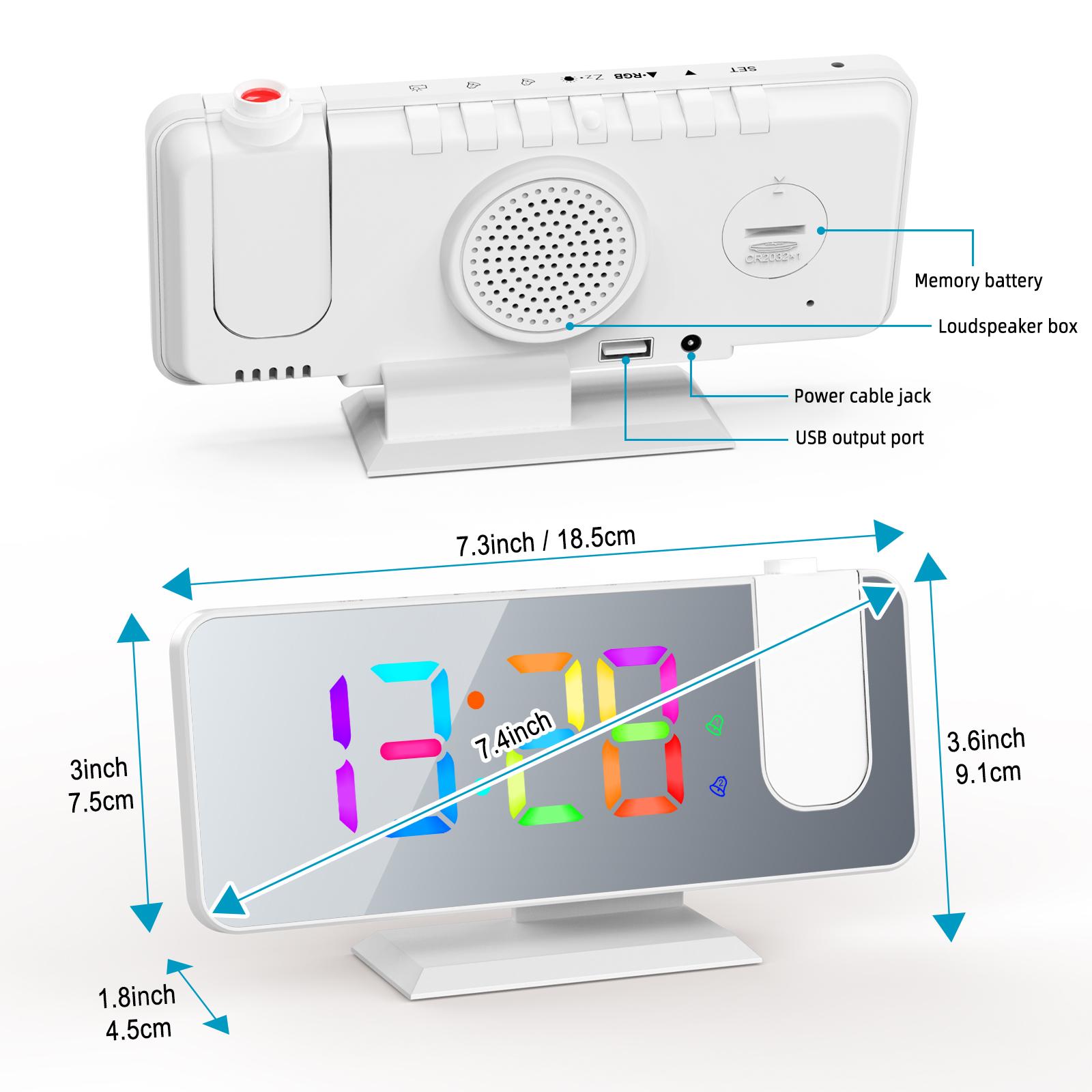 Digital 180 degrees Projection Alarm Clock with Dynamic RGB Light Brightness Snooze Dual Alarm Setting USB Port Mirror Clock for Be
Digital 180 degrees Projection Alarm Clock with Dynamic RGB Light Brightness Snooze Dual Alarm Setting USB Port Mirror Clock for Be