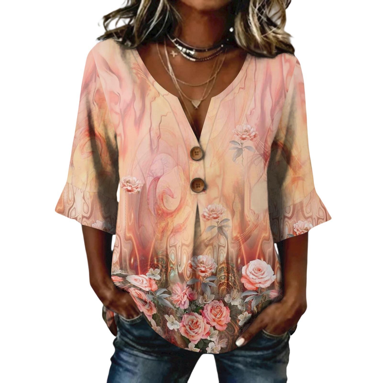 Ladies floral print button casual V-neck fashionable seven quarter sleeve top L
Ladies floral print button casual V-neck fashionable seven quarter sleeve top L