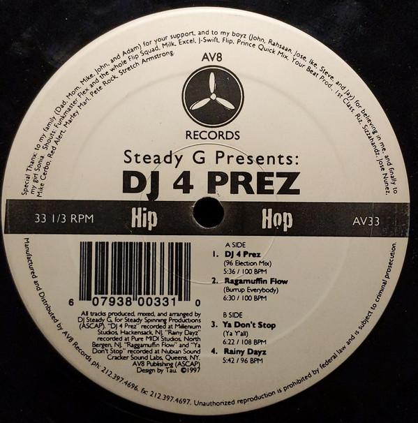 12inch Record STEADY G - DJ 4 Prez AV33 AV8 Records 1997 US Rap & Hip-Hop/R&B Used
12inch Record STEADY G - DJ 4 Prez AV33 AV8 Records 1997 US Rap & Hip-Hop/R&B Used