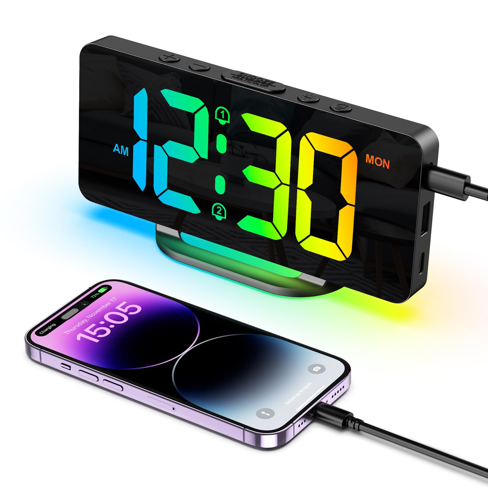 AMIR Digital LED Alarm Table Desk 7 Colors RGB Dynamic Adjustable USB Charging Large 2 Alarm Small Bedside Electronic Loud For Heavy White Clock,
AMIR Digital LED Alarm Table Desk 7 Colors RGB Dynamic Adjustable USB Charging Large 2 Alarm Small Bedside Electronic Loud For Heavy White Clock,