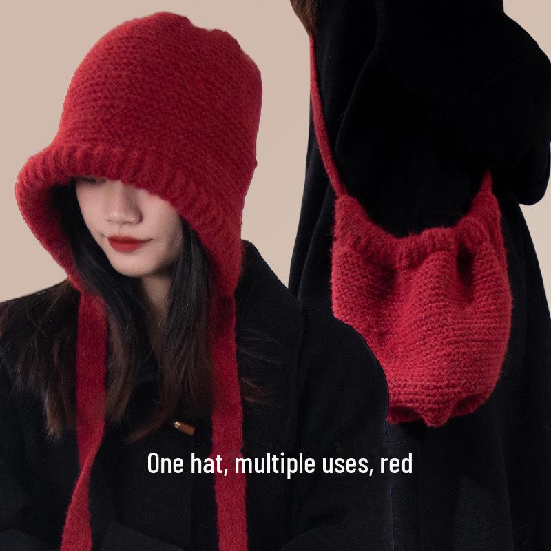 Женская шерстяная балаклава осень/зима: Милая плюшевая вязаная шапка с лямками для больших голов