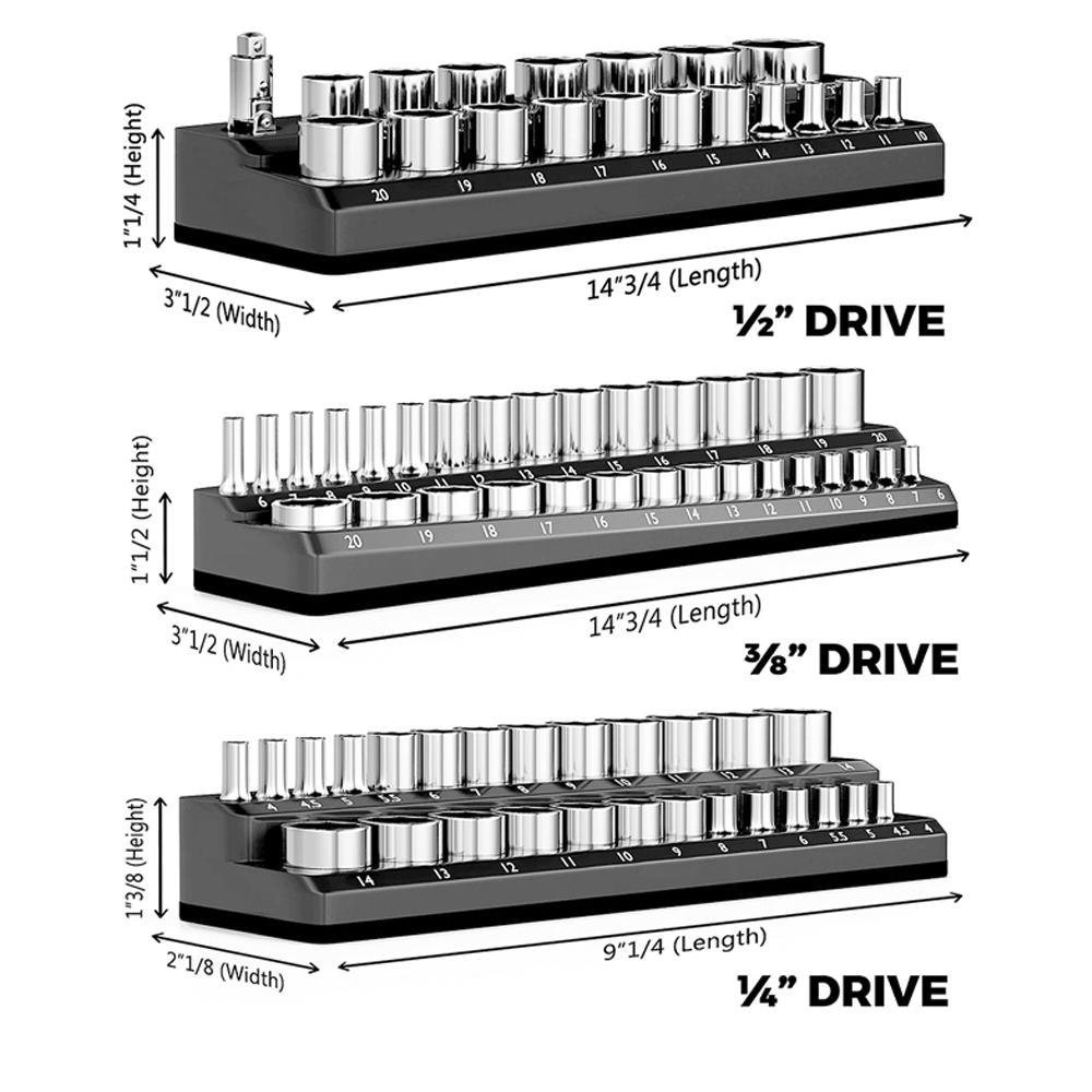 Профессиональный магнитный держатель для головок 1/4 3/8 1/2 дюймовый привод метрический/SAE органайзер для хранения установочный набор инструментов 3 шт./набор
Профессиональный магнитный держатель для головок 1/4 3/8 1/2 дюймовый привод метрический/SAE органайзер для хранения установочный набор инструментов 3 шт./набор