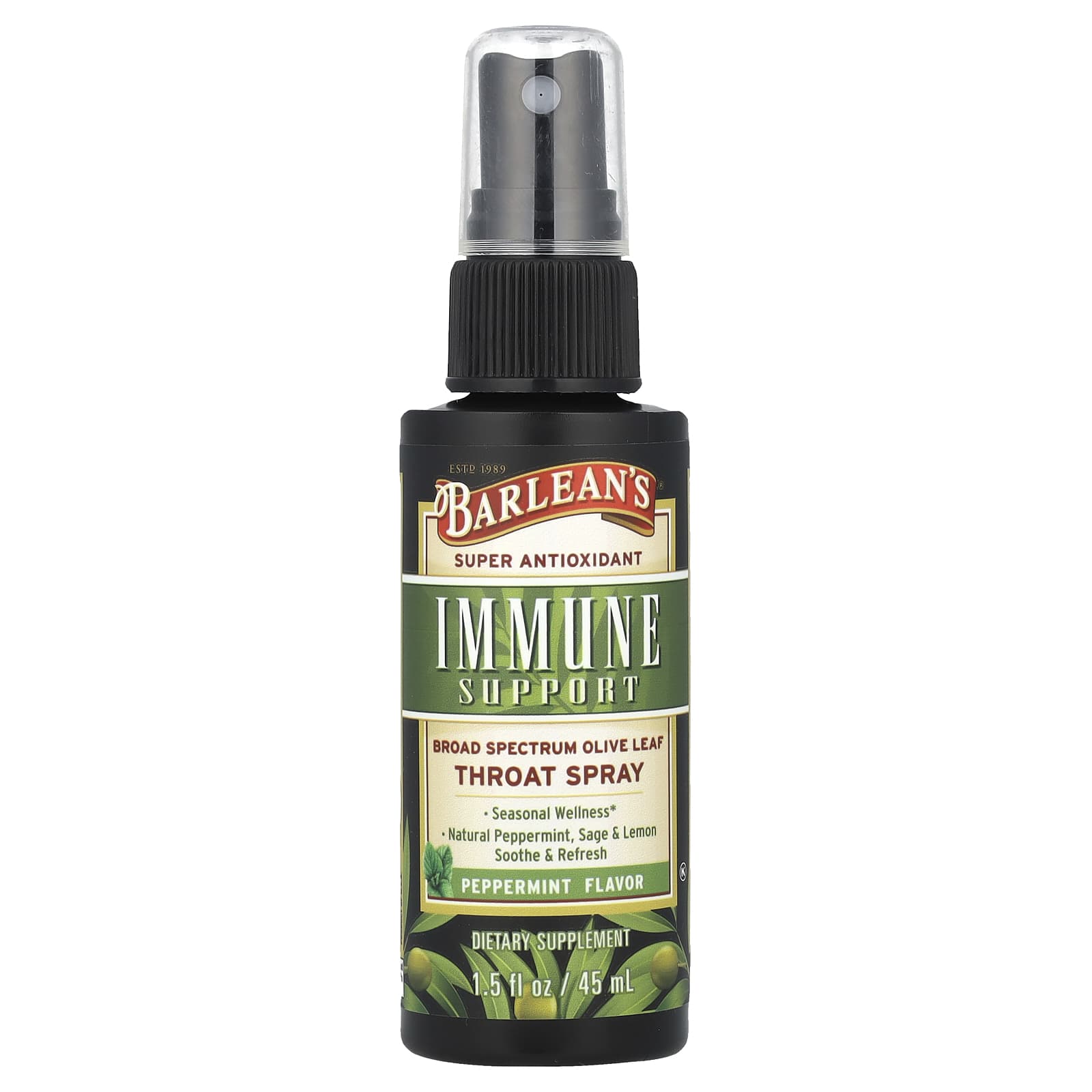 Barlean S, Immune Support, Broad Spectrum Olive Leaf Throat Spray, Peppermint, 45 Ml (1.5 Fl Oz)
Barlean S, Immune Support, Broad Spectrum Olive Leaf Throat Spray, Peppermint, 45 Ml (1.5 Fl Oz)