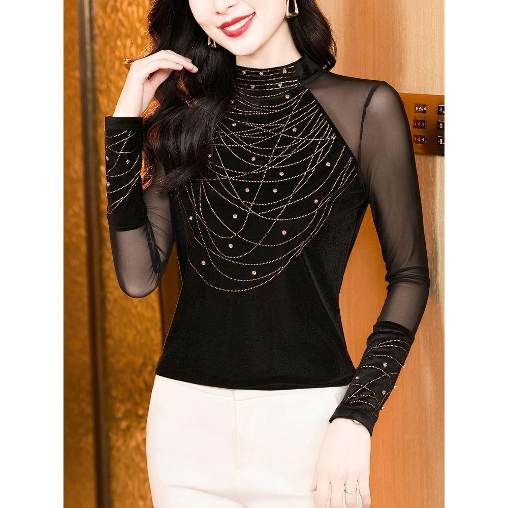 Women s Mock Neck Mesh Panel Top Rhinestone Chain Pattern Slim Fit Coffee Brown Elegant Blouse L чорний
Women s Mock Neck Mesh Panel Top Rhinestone Chain Pattern Slim Fit Coffee Brown Elegant Blouse L чорний