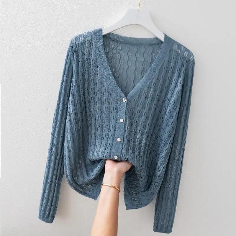 Korean Fashion Simple Summer New Hollow Out Solid Knitted V-neck Cardigan Women Long Sleeve S синій
Korean Fashion Simple Summer New Hollow Out Solid Knitted V-neck Cardigan Women Long Sleeve S синій