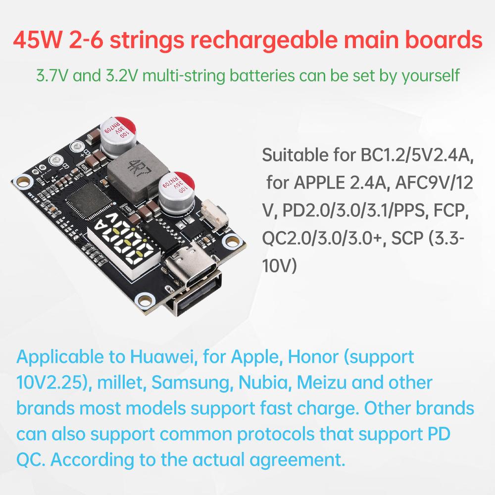 2-6S 45W Швидке заряджання Модуль захисту мобільного заряджання DIY Circuit Board підтримує літієві та літієво-залізні батареї PD3.0
2-6S 45W Швидке заряджання Модуль захисту мобільного заряджання DIY Circuit Board підтримує літієві та літієво-залізні батареї PD3.0