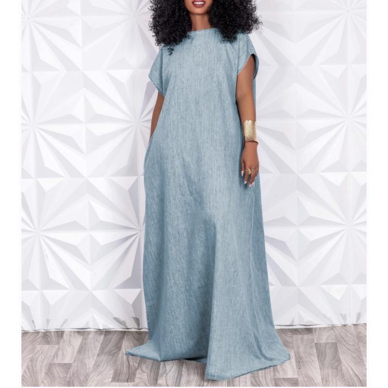 Летнее женское джинсовое удлиненное платье больших размеров, винтажное свободное платье с рукавами «летучая мышь» S светло-синий