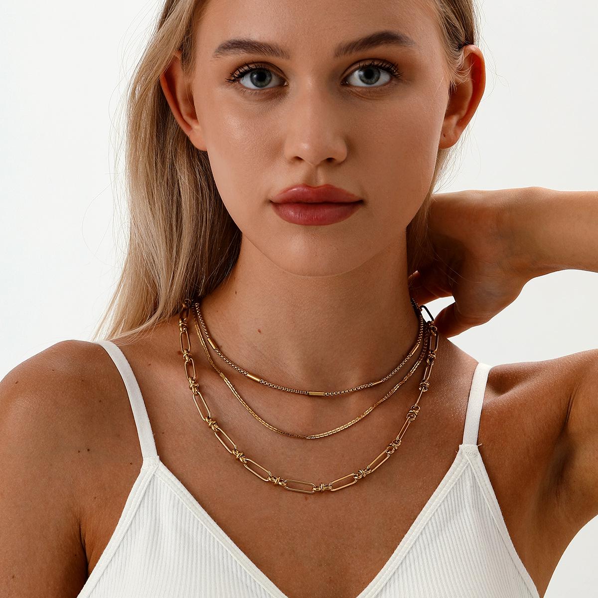 18k Gold Plated Three-Layer Stainless Steel Choker with Round Tube and Box Chain Design
18k Gold Plated Three-Layer Stainless Steel Choker with Round Tube and Box Chain Design
