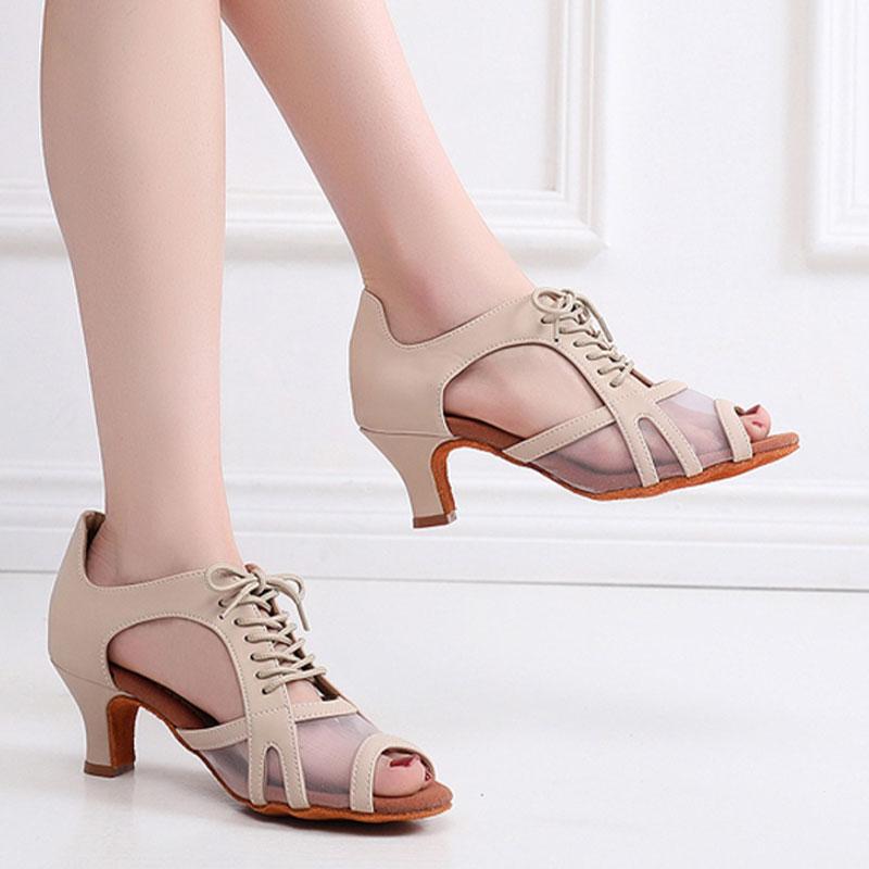Женская и женская танцевальная обувь для бальных танцев, современная латиноамериканская сальса, танго, сетчатая замшевая обувь на шнуровке для танцев 41 бежевый