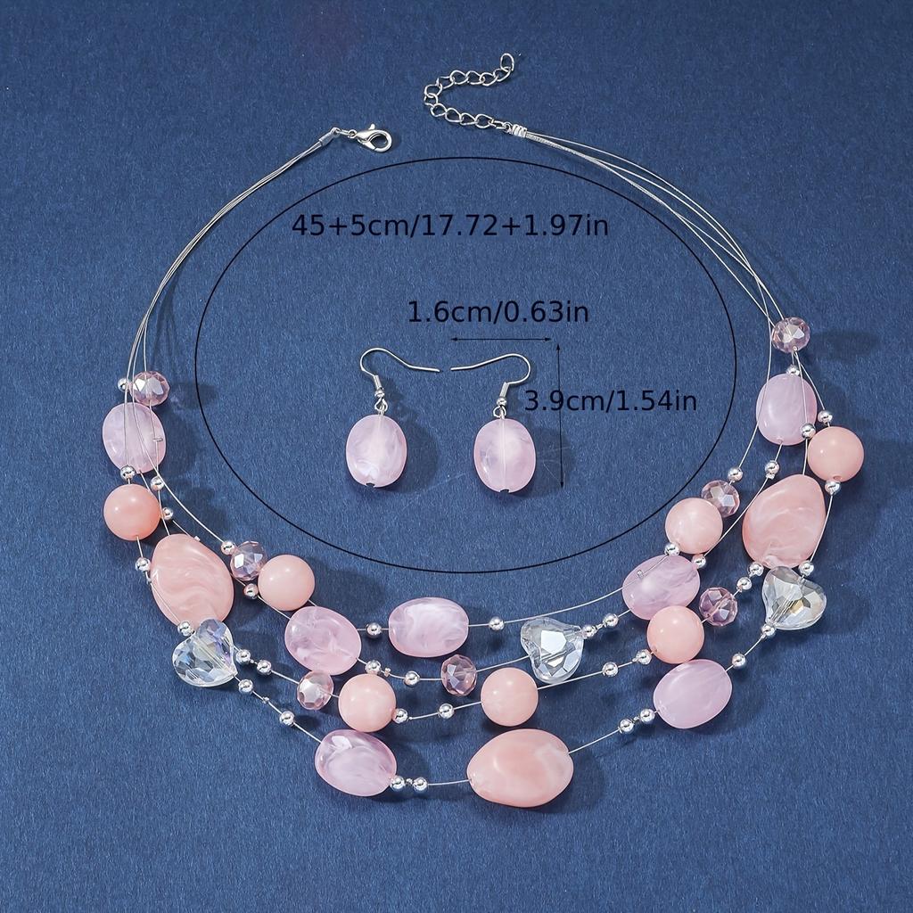 Набор летних украшений в стиле бохо-шик из 3 предметов — Красочное ожерелье и серьги с бусинами, идеально подходящие для вечеринок и отпуска розовый