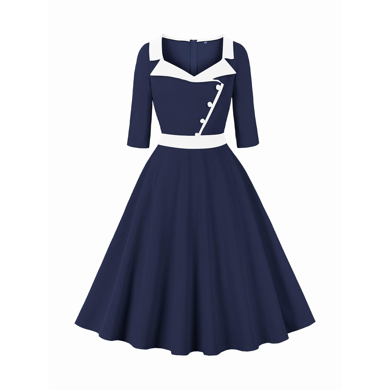 Женское платье миди с рукавом три четверти, однотонное, в стиле ретро, с воротником-стойкой и большой юбкой-клеш XXL