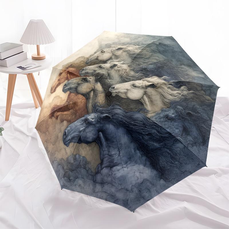 Herd of Running Horses pattern, automatic folding umbrella, portable and foldable design, 8 ribs, a Christmas or birthday gift.
Herd of Running Horses pattern, automatic folding umbrella, portable and foldable design, 8 ribs, a Christmas or birthday gift.