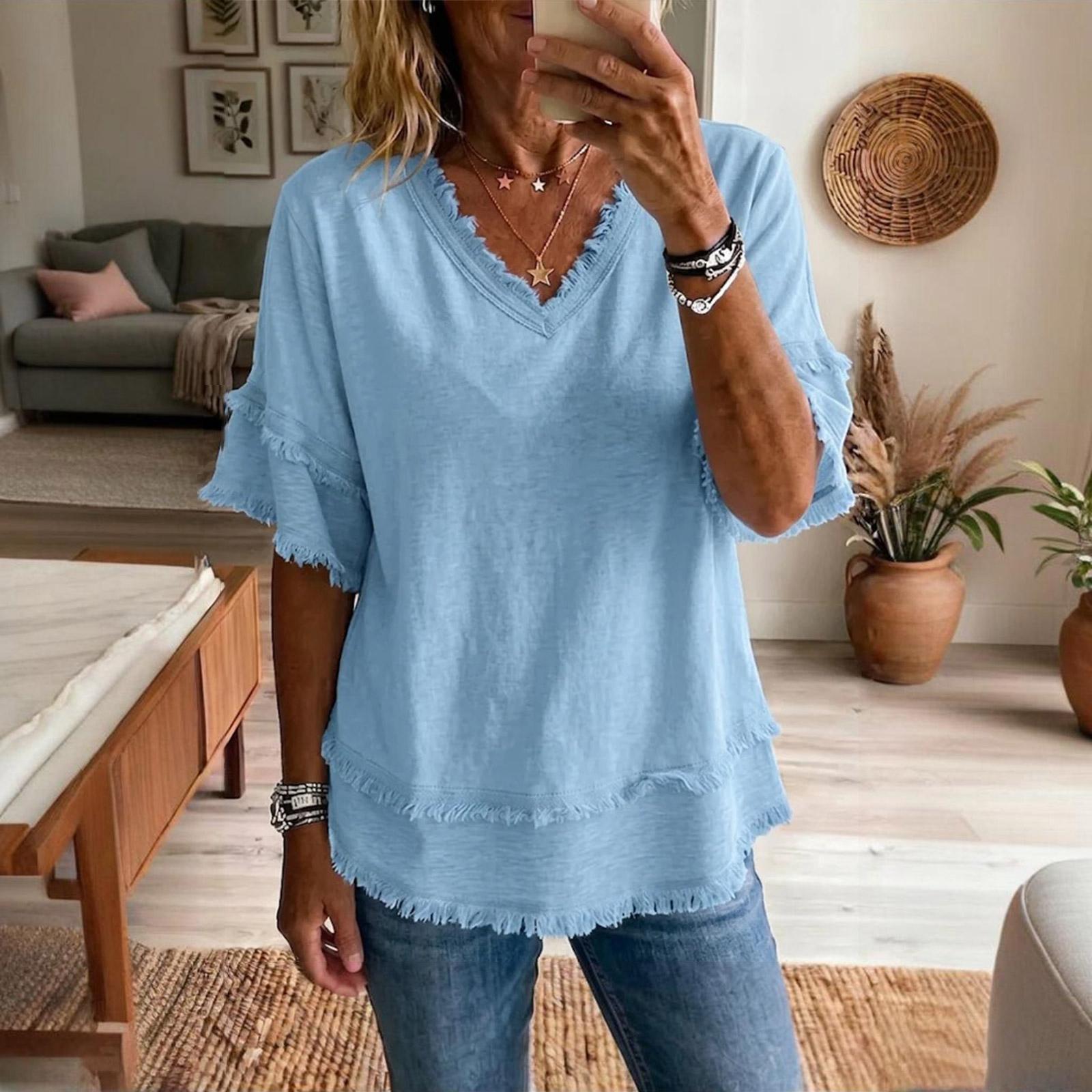 Women V Neck Pullover Short Sleeve Loose Fit Blouse Casual Spring Summer Lightweight Top with Hem Design S
Women V Neck Pullover Short Sleeve Loose Fit Blouse Casual Spring Summer Lightweight Top with Hem Design S