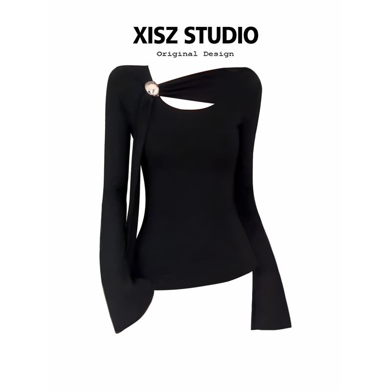 Trendy and Stylish One-Shoulder Long-Sleeve T-Shirt with Ribbon Design for Women, Spring Niche Fashion Slim-Fit Base Shirt Top Black S
Trendy and Stylish One-Shoulder Long-Sleeve T-Shirt with Ribbon Design for Women, Spring Niche Fashion Slim-Fit Base Shirt Top Black S