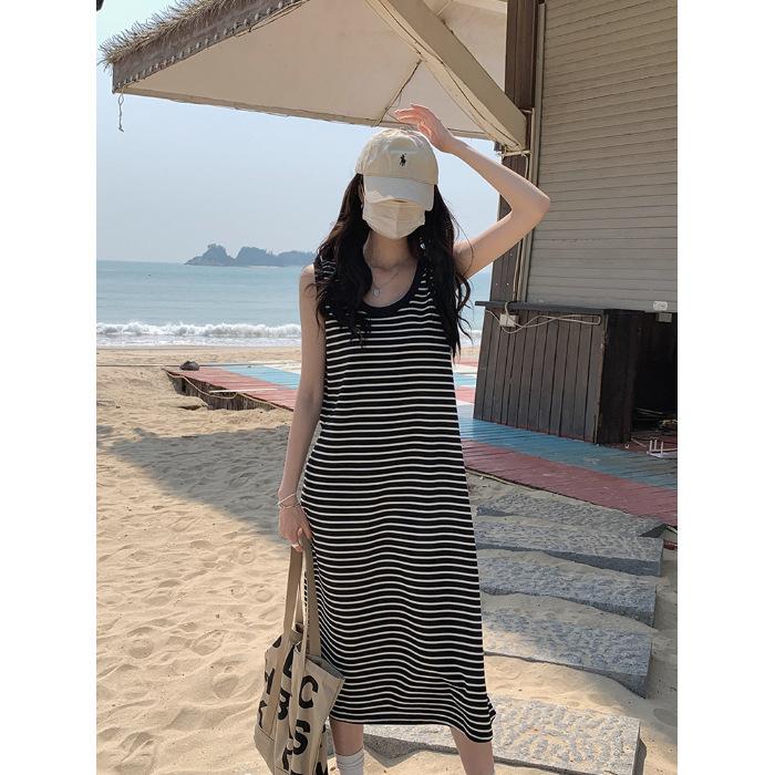 YYFS Женская мода лето весна полосатый принт без рукавов U-образный вырез свободная талия повседневные платья XL