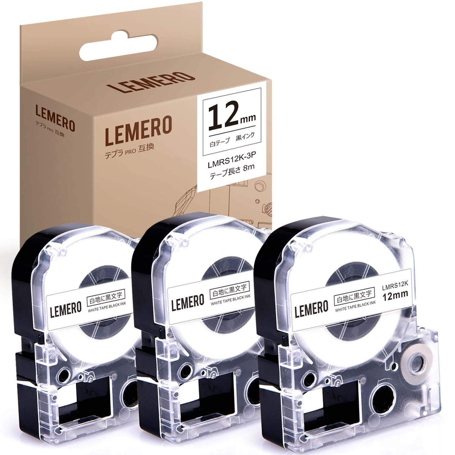 Lemero SS12K compatible tape cartridges for King Jim Tepra white background with black 12mm 8m 3-pack PRO, text, width, length.
Lemero SS12K compatible tape cartridges for King Jim Tepra white background with black 12mm 8m 3-pack PRO, text, width, length.