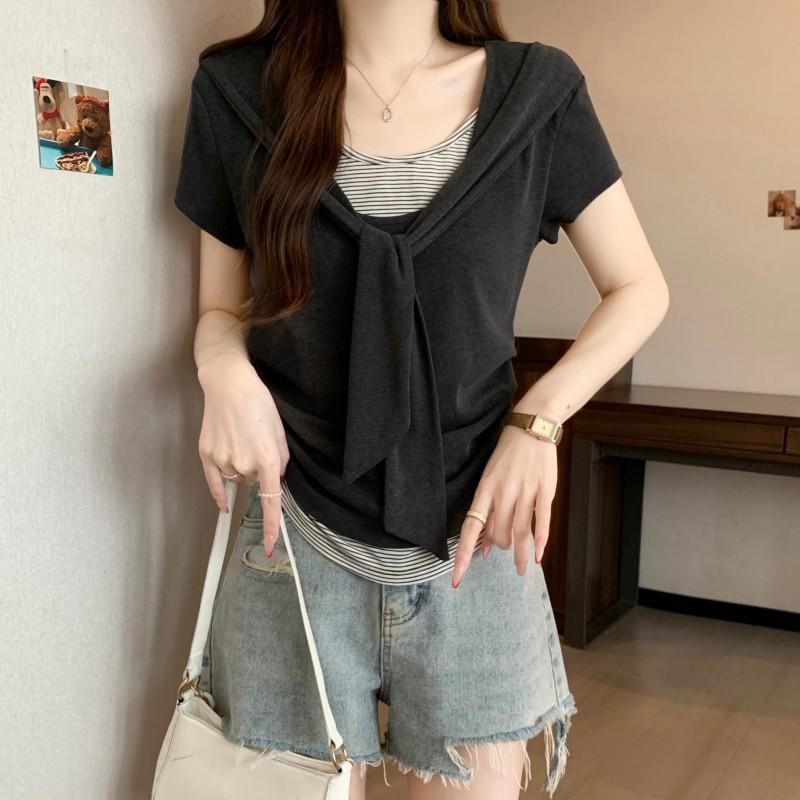 Plus Size Women s Two-Piece Color Block Shawl Short Sleeve T-shirt - Summer Slimming High Waist Chic Top XL сірий колір
Plus Size Women s Two-Piece Color Block Shawl Short Sleeve T-shirt - Summer Slimming High Waist Chic Top XL сірий колір