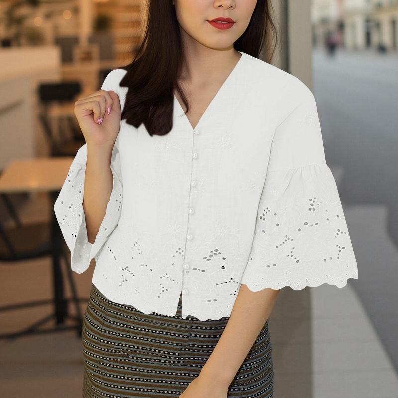 ZANZEA Женская блузка с V-образным вырезом, рукавами 3/4, кружевной вязкой крючком и лоскутным узором
ZANZEA Женская блузка с V-образным вырезом, рукавами 3/4, кружевной вязкой крючком и лоскутным узором