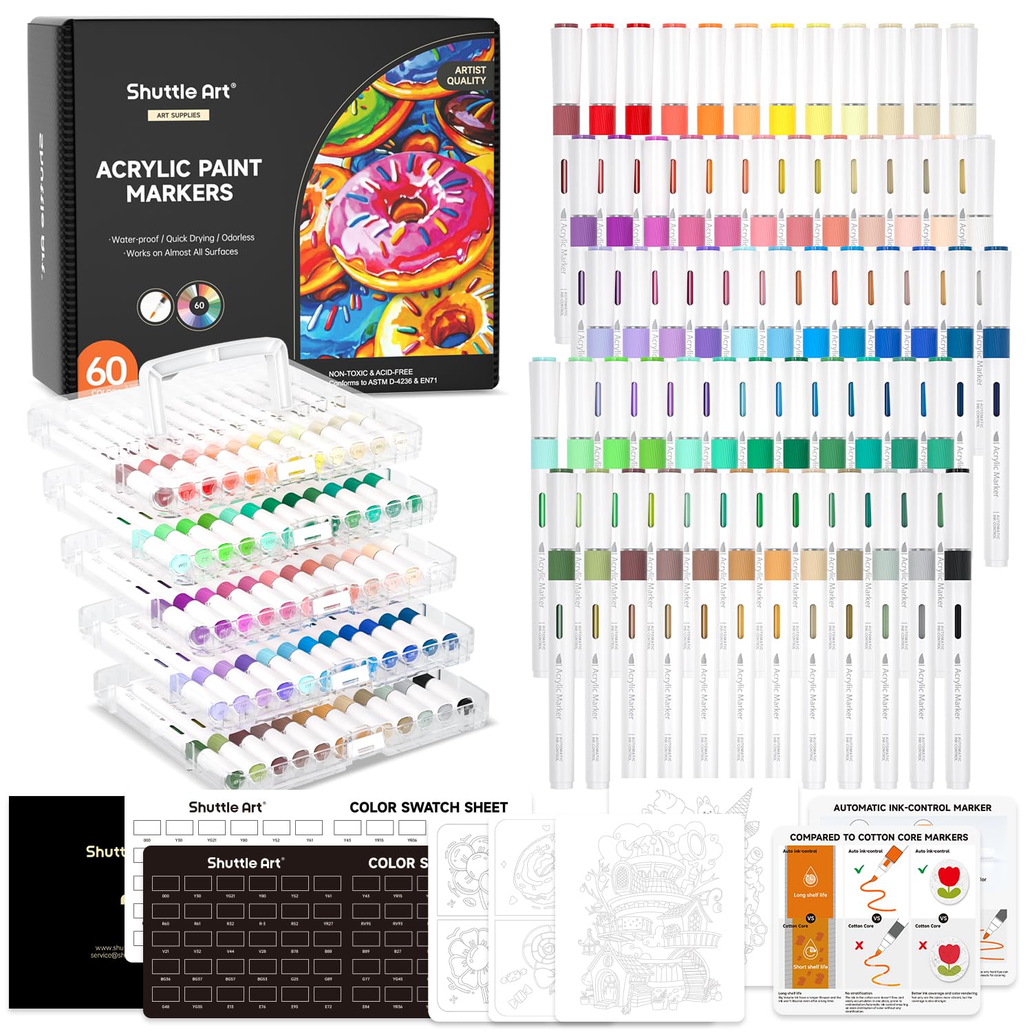 Shuttle Art Acrylic Markers, 60-Color Set, Direct-Fill Brush Tip, Water-Based, Waterproof, Quick-Drying, Light-Resistant, Acrylic Paints for Stone, Wo
Shuttle Art Acrylic Markers, 60-Color Set, Direct-Fill Brush Tip, Water-Based, Waterproof, Quick-Drying, Light-Resistant, Acrylic Paints for Stone, Wo