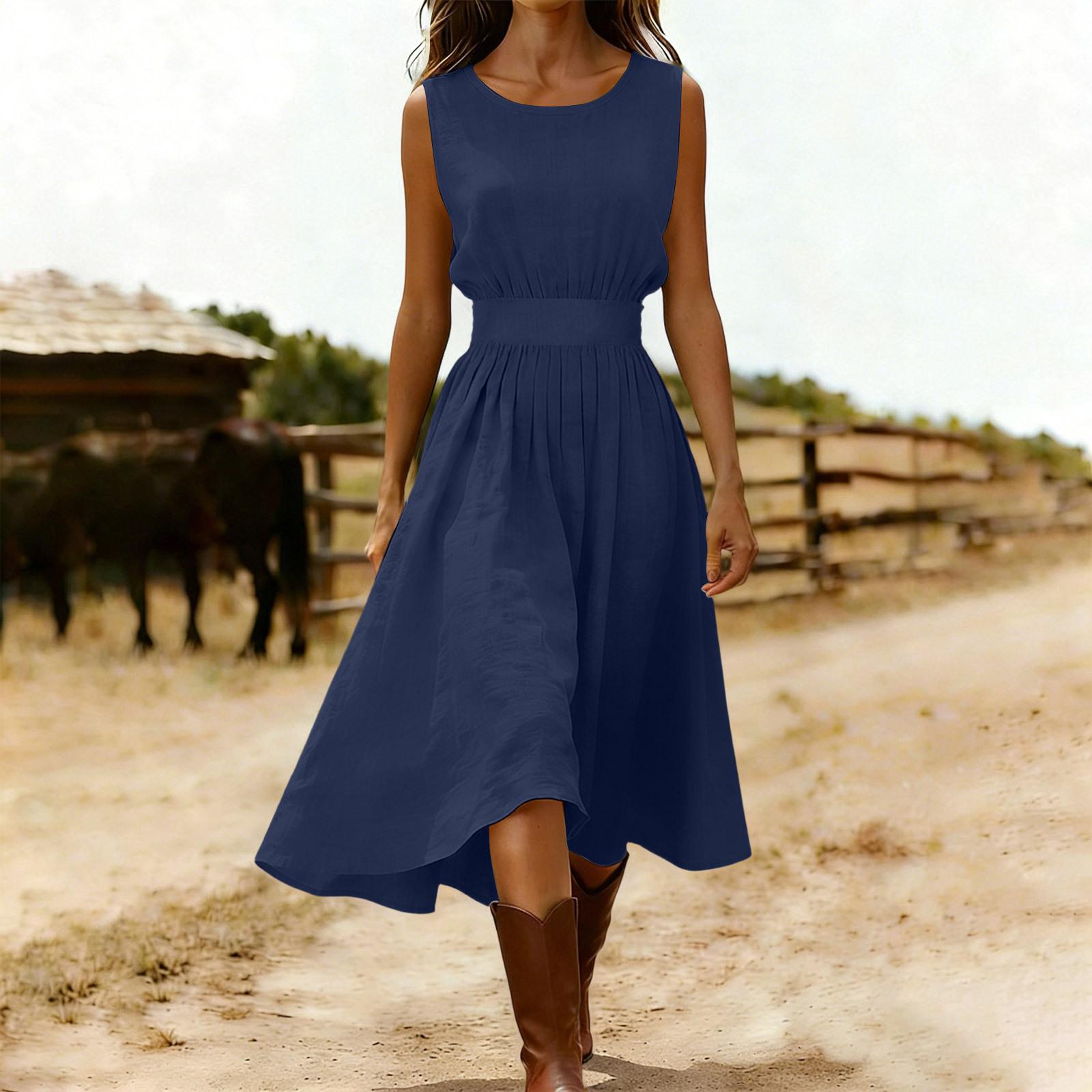 Sleeveless Midi Dress for Women Crew Neck Casual Fit and Flare Solid A Line Dress with Elastic Waist for Daily Wear M тёмно-синий
Sleeveless Midi Dress for Women Crew Neck Casual Fit and Flare Solid A Line Dress with Elastic Waist for Daily Wear M тёмно-синий