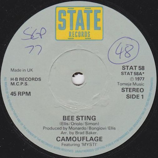 7inch Record CAMOUFLAGE - Bee Sting STAT58 State Records 1977 UK Dance & Electronica Used
7inch Record CAMOUFLAGE - Bee Sting STAT58 State Records 1977 UK Dance & Electronica Used